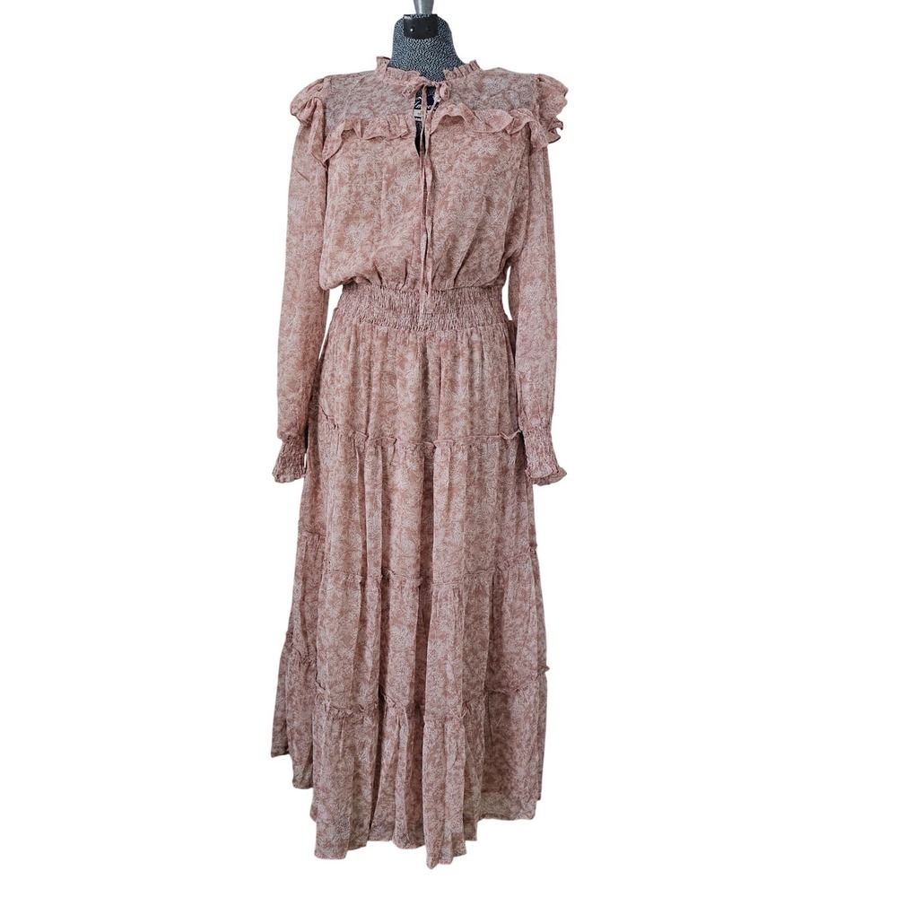 Anthropologie Dress Forum Dusty Rose Floral Tiered Boho Maxi Dress Large NWT